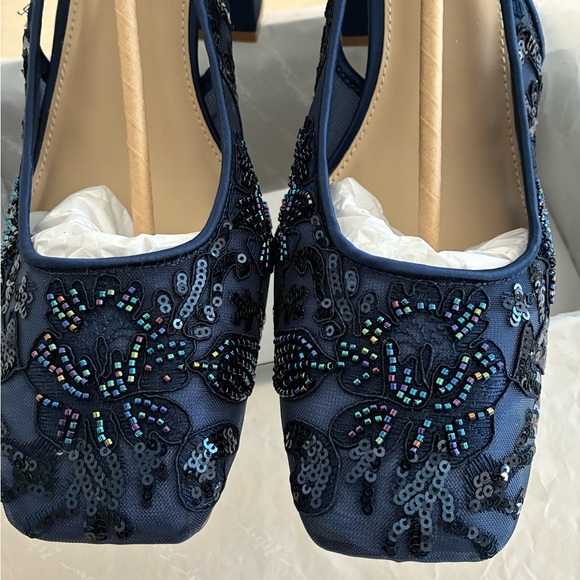 Betsey Johnson Shoes - Betsey Johnson Navy Iridescent Beaded Floral Slingback Heels